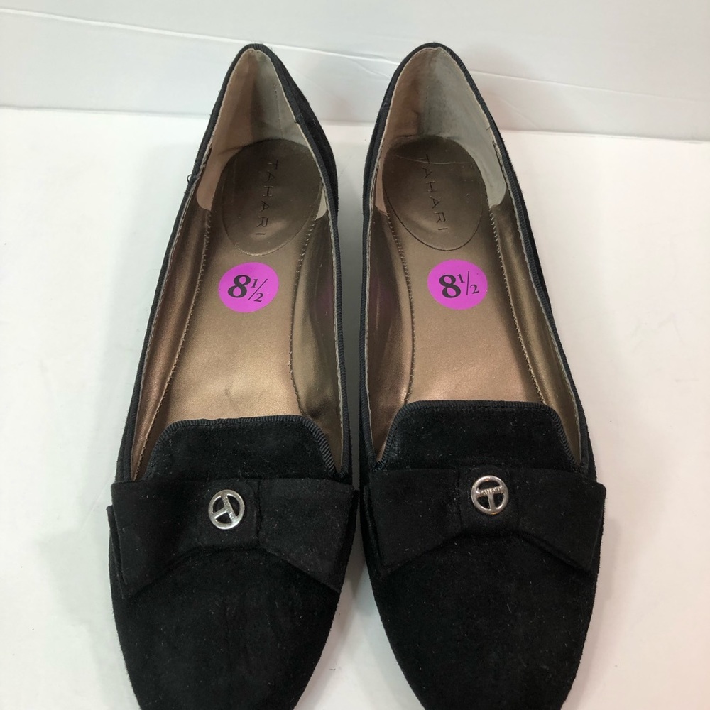 Tahari Size 8-1/2 Hampton Black Flats with Bow Tie
